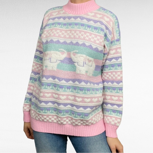 VINTAGE | 1980’s Private Eyes Fairy Kei Kawaii Pastel Elephant Pullover Sweater - Picture 3 of 8